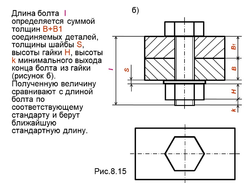 Длина болта  l  определяется суммой толщин B+B1 соединяемых деталей, толщины шайбы S,